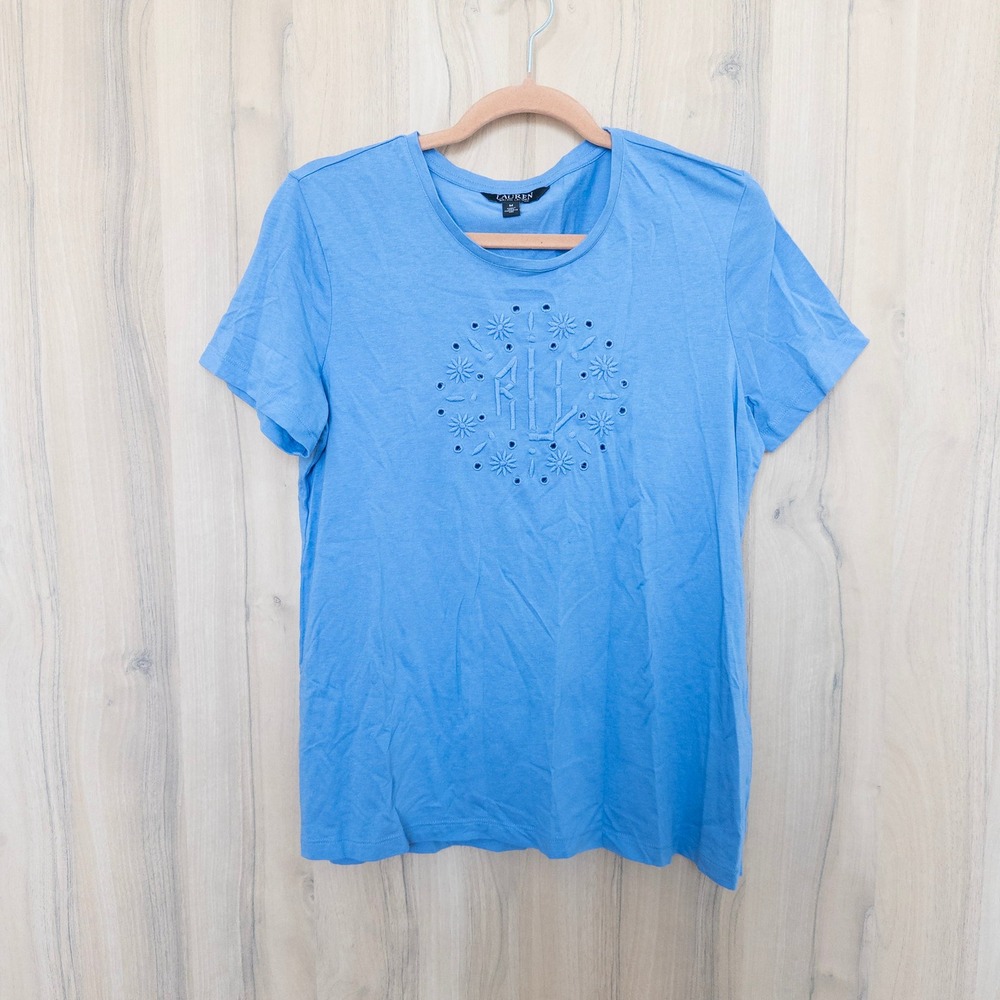 LRL Ralph Lauren Womens T-Shirt M Blue Eyelet Logo Short Sleeve Preppy Coastal